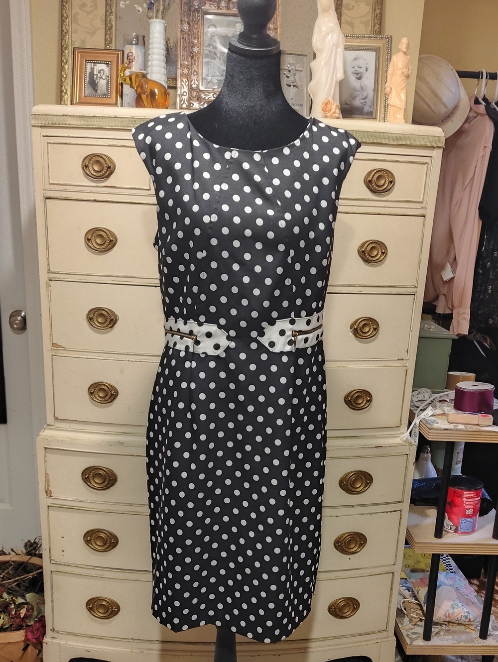 Emma & Michele Black and White Polka Dot Midi Dress with Waist Accent